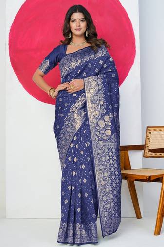 Women's blue zari woven design silk blend saree with unstitched piece