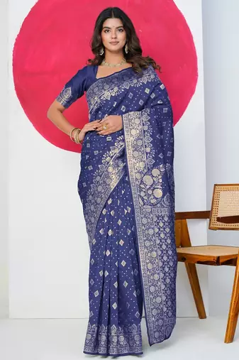 Women's blue zari woven design silk blend saree with unstitched piece