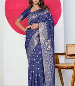 Women's blue zari woven design silk blend saree with unstitched piece