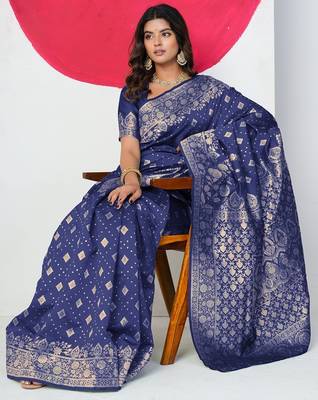 Women's blue zari woven design silk blend saree with unstitched piece 2
