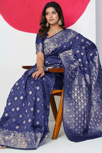 Women's blue zari woven design silk blend saree with unstitched piece