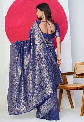 Women's blue zari woven design silk blend saree with unstitched piece 4