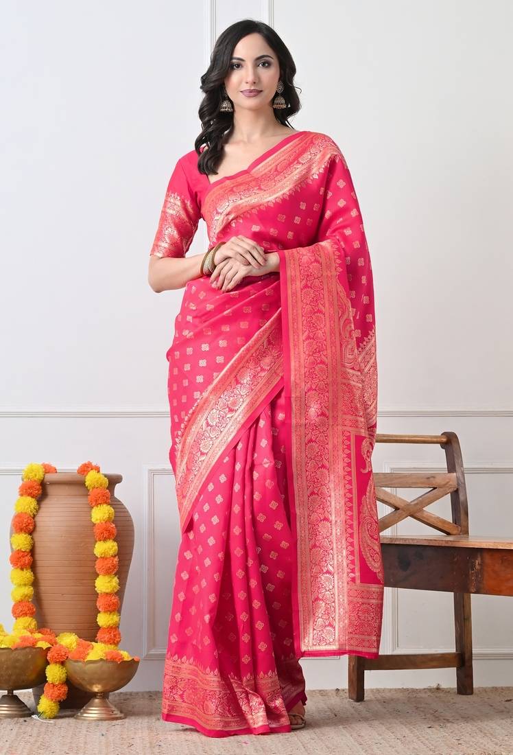 Women's pink woven design silk blend saree with unstitched piece