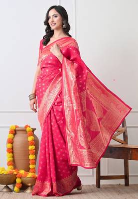 Women's pink woven design silk blend saree with unstitched piece 5