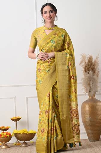 Women's mustard floral kalamkari print cotton silk blend saree with unstitched piece