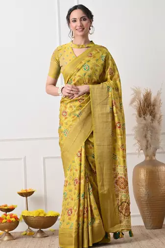 Women's mustard floral kalamkari print cotton silk blend saree with unstitched piece