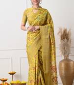 Women's mustard floral kalamkari print cotton silk blend saree with unstitched piece
