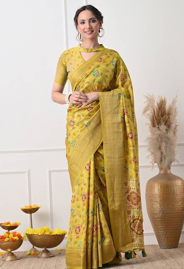 Women's mustard floral kalamkari print cotton silk blend saree with unstitched piece