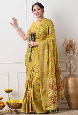 Women's mustard floral kalamkari print cotton silk blend saree with unstitched piece 2