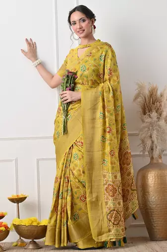Women's mustard floral kalamkari print cotton silk blend saree with unstitched piece