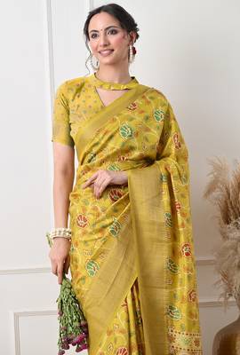 Women's mustard floral kalamkari print cotton silk blend saree with unstitched piece 3