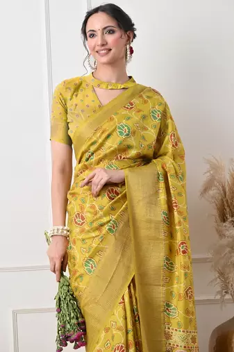 Women's mustard floral kalamkari print cotton silk blend saree with unstitched piece