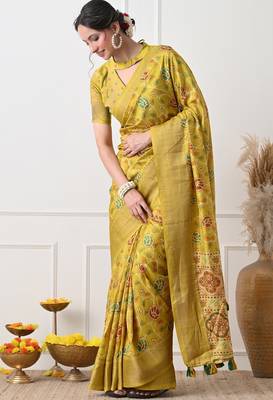 Women's mustard floral kalamkari print cotton silk blend saree with unstitched piece 4