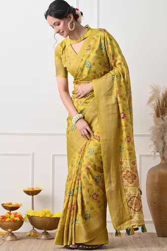 Women's mustard floral kalamkari print cotton silk blend saree with unstitched piece