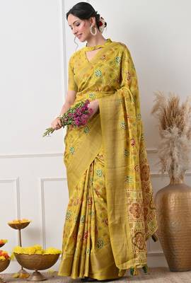 Women's mustard floral kalamkari print cotton silk blend saree with unstitched piece 5