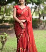 Women's red floral stripes print georgette saree with unstitched piece
