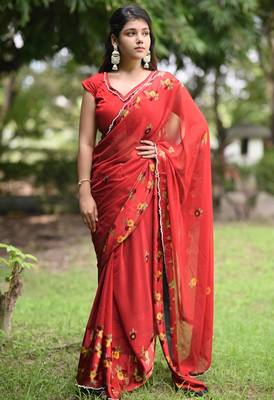 Women's red floral stripes print georgette saree with unstitched piece 2