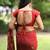 Women's red floral stripes print georgette saree with unstitched piece