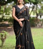 Women's black floral stripes print georgette saree with unstitched piece