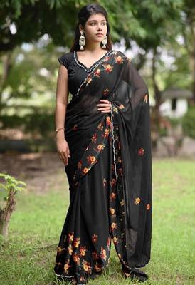 Women's black floral stripes print georgette saree with unstitched piece 2