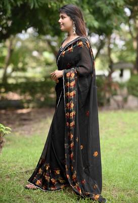 Women's black floral stripes print georgette saree with unstitched piece 3