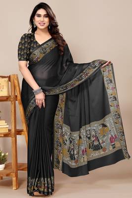 Women's black madhubani print chiffon saree with unstitched piece 1
