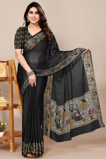 Women's black madhubani print chiffon saree with unstitched piece
