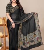 Women's black madhubani print chiffon saree with unstitched piece