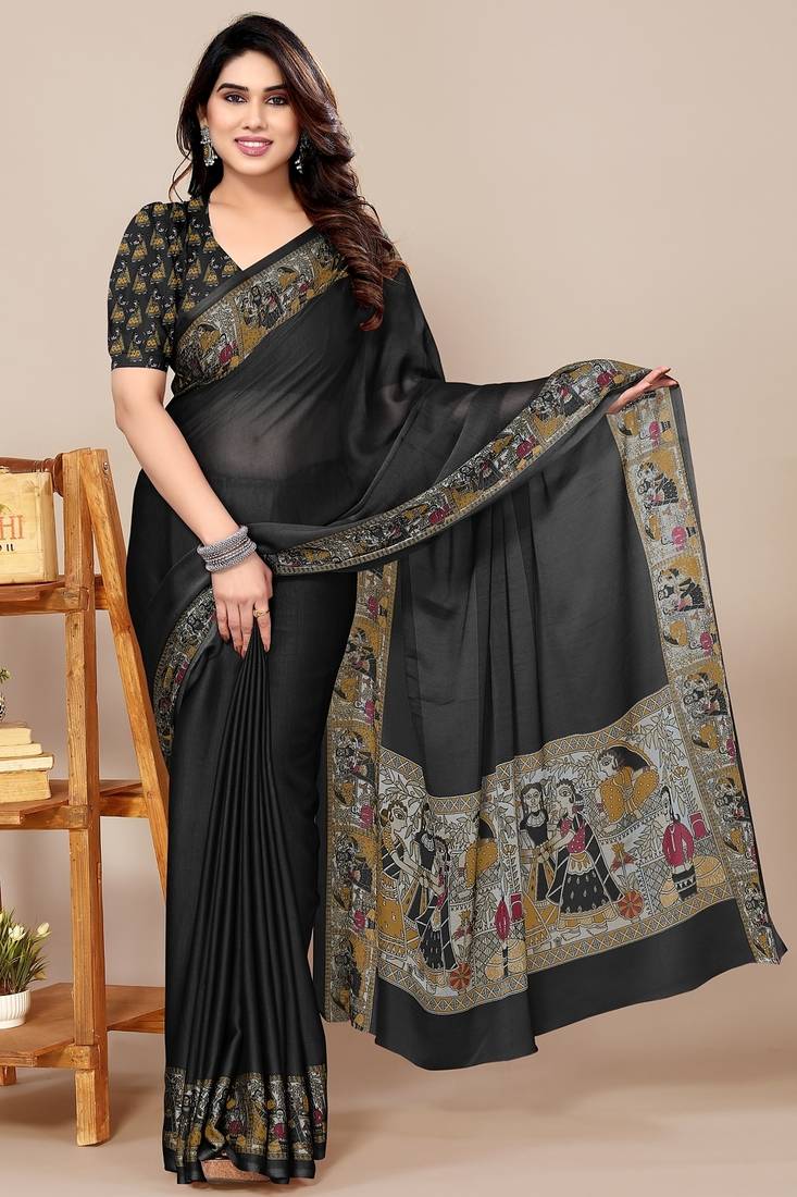 Women's black madhubani print chiffon saree with unstitched piece
