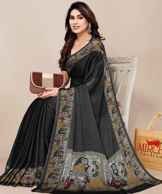 Women's black madhubani print chiffon saree with unstitched piece 2