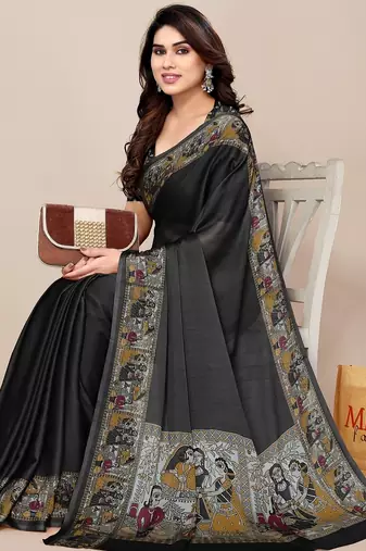 Women's black madhubani print chiffon saree with unstitched piece