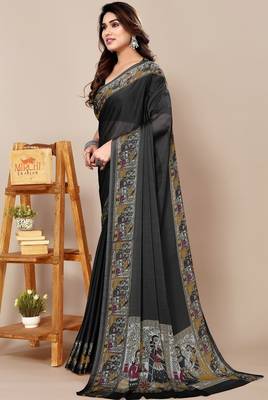 Women's black madhubani print chiffon saree with unstitched piece 3
