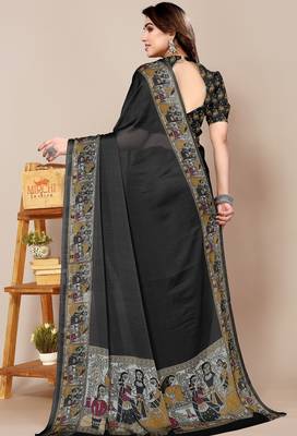 Women's black madhubani print chiffon saree with unstitched piece 4