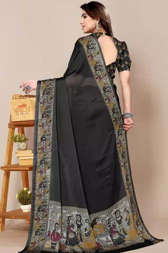 Women's black madhubani print chiffon saree with unstitched piece