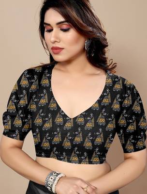 Women's black madhubani print chiffon saree with unstitched piece 5