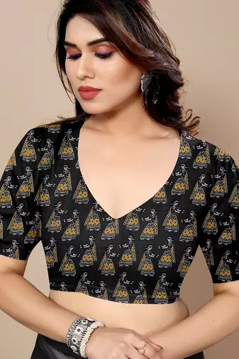 Women's black madhubani print chiffon saree with unstitched piece