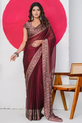 Women's maroon paisley kalamkari print chiffon saree with unstitched piece