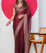 Women's maroon paisley kalamkari print chiffon saree with unstitched piece