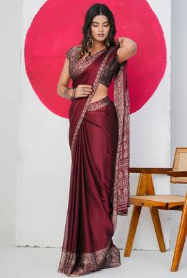 Women's maroon paisley kalamkari print chiffon saree with unstitched piece 3