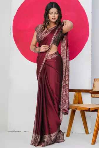 Women's maroon paisley kalamkari print chiffon saree with unstitched piece