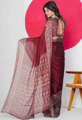 Women's maroon paisley kalamkari print chiffon saree with unstitched piece 4
