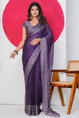 Women's purple paisley kalamkari print chiffon saree with unstitched piece 1