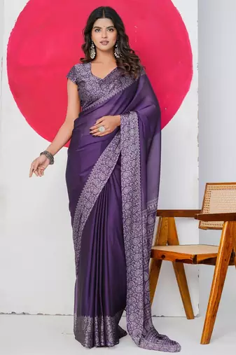 Women's purple paisley kalamkari print chiffon saree with unstitched piece