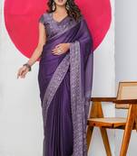 Women's purple paisley kalamkari print chiffon saree with unstitched piece