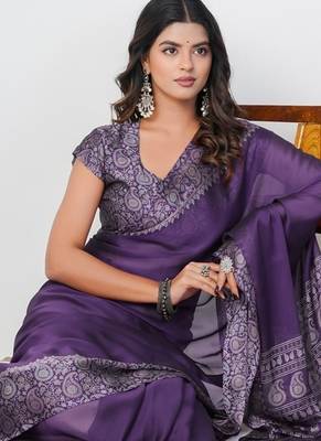 Women's purple paisley kalamkari print chiffon saree with unstitched piece 2