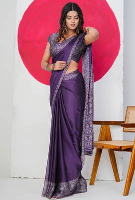 Women's purple paisley kalamkari print chiffon saree with unstitched piece 3