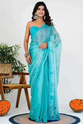 Women's turquoise solid organza saree with unstitched piece