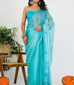 Women's turquoise solid organza saree with unstitched piece