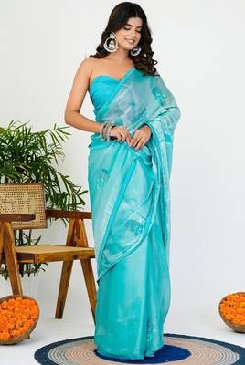 Women's turquoise solid organza saree with unstitched piece 2