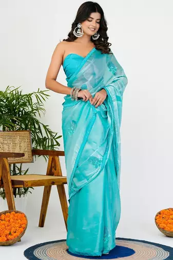 Women's turquoise solid organza saree with unstitched piece
